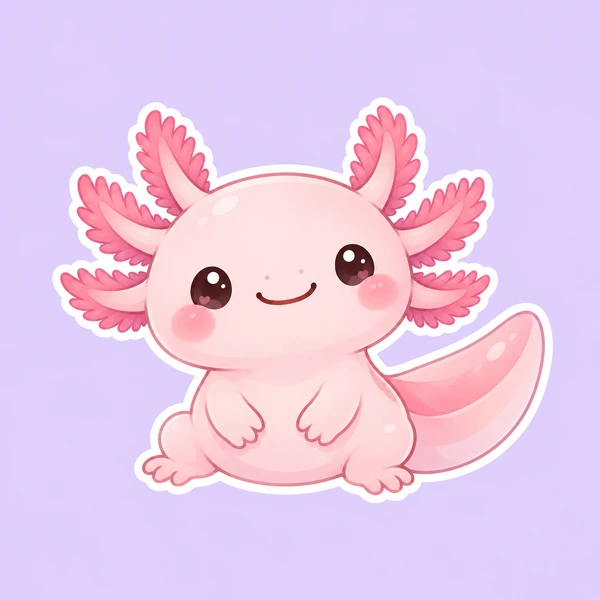 Kawaii pink axolotl mascot with blush cheeks on a pastel background