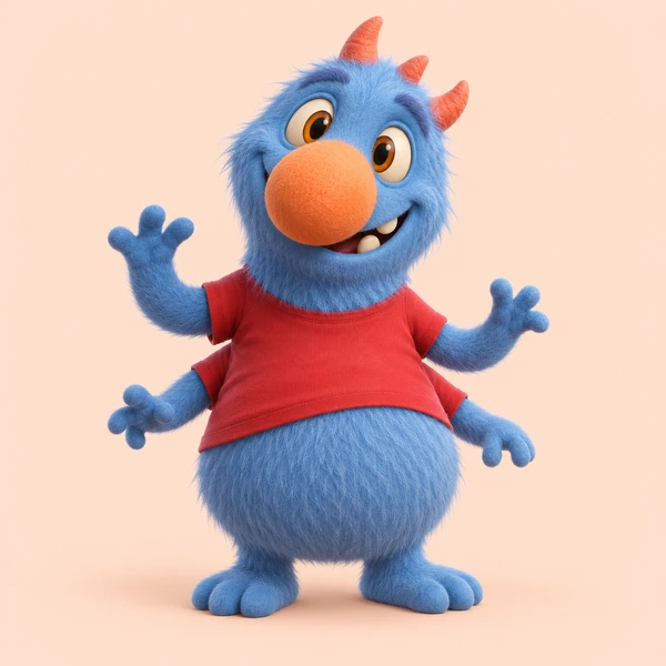 Original blue cartoon monster mascot with horns in a red shirt