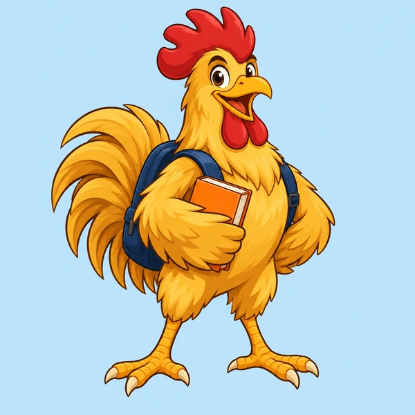 School mascot of a cartoon rooster wearing a backpack and holding a book