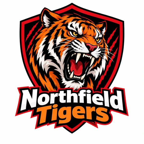 Sports team mascot logo of a roaring tiger inside a shield