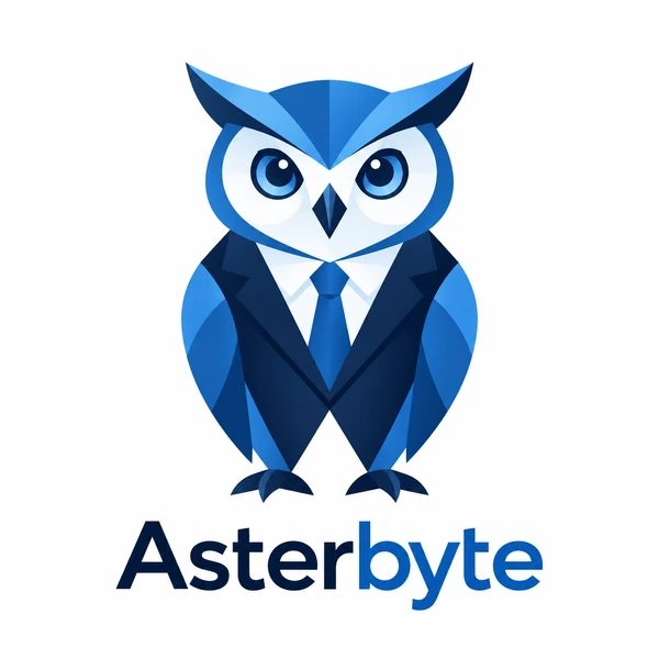 Corporate mascot logo of a blue geometric owl in a suit