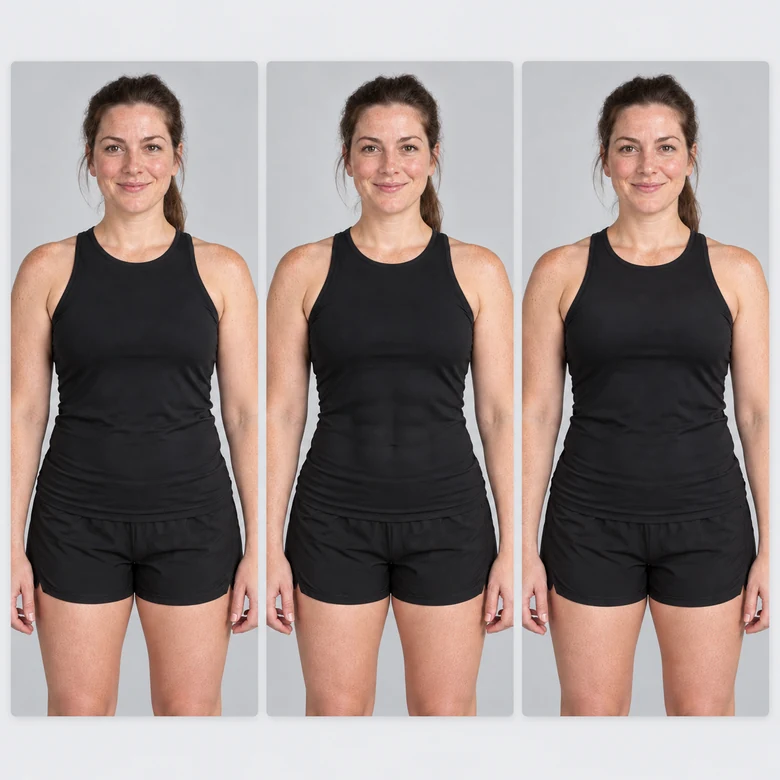 Woman before and after AI muscle edits for six-pack abs and a fuller chest