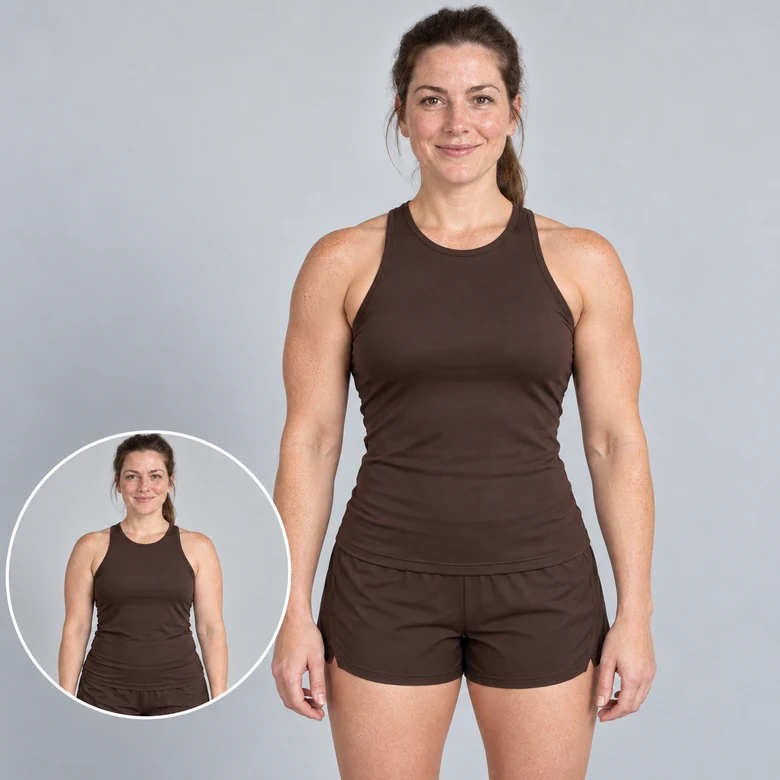Female muscle AI before and after: a woman in a brown sports set with strong biceps, sculpted shoulders and defined abs