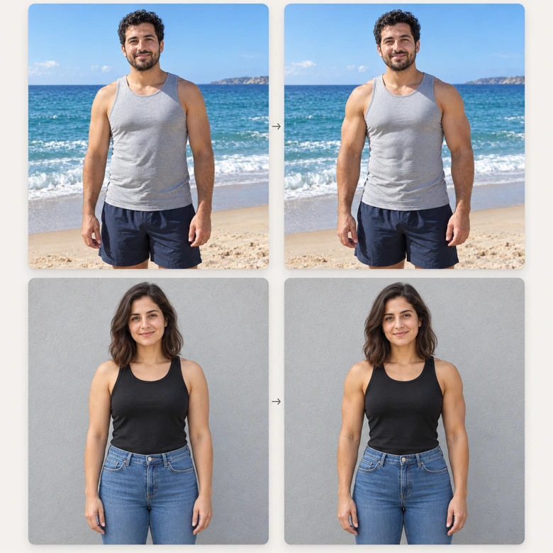 A man and a woman before and after the AI muscle generator, each with a more muscular build
