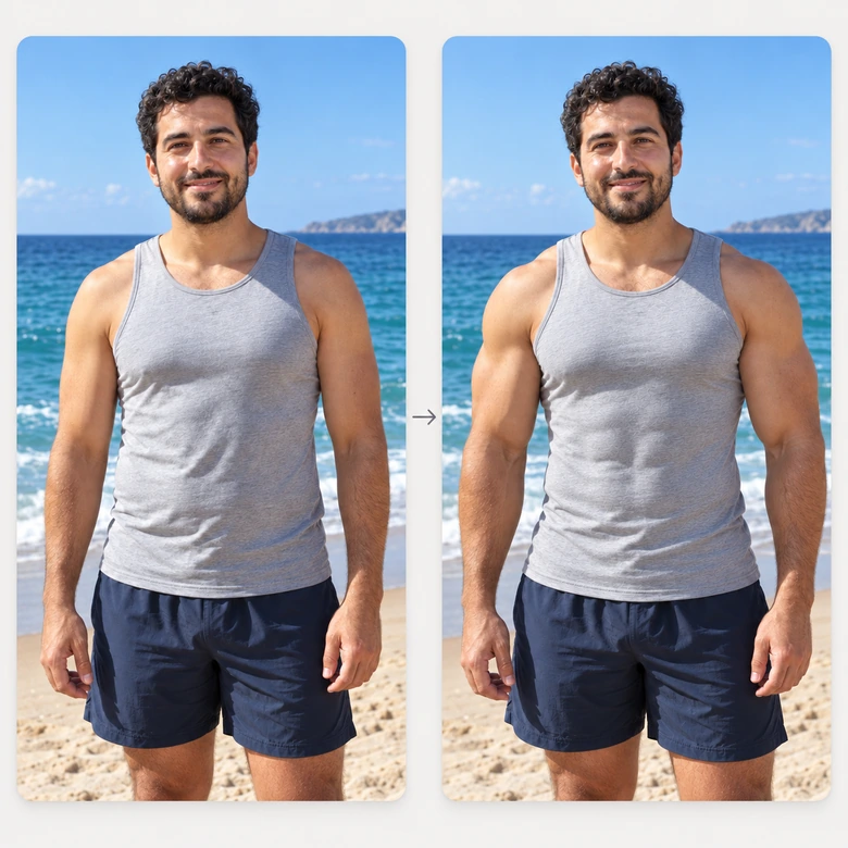 Before and after: a man with a soft chest transformed into a muscular physique by the AI muscle generator