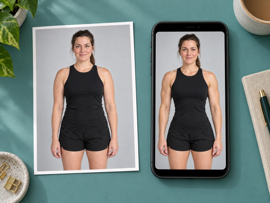 A progress photo next to a phone showing the AI muscle generator goal preview of the same woman