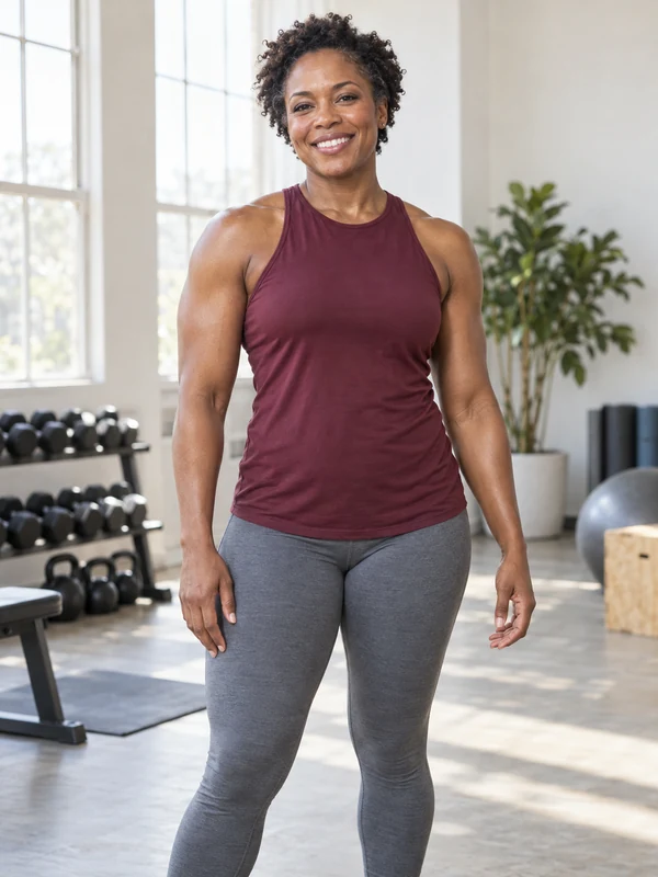 AI muscle women result: an athletic woman with defined shoulders, arms and abs in a sports top