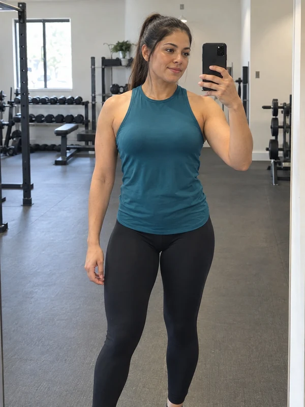 Muscle woman AI result: a gym mirror selfie with a toned, fit physique in sportswear