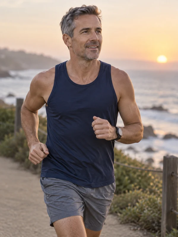 Lean, toned man in a running tank top by the water at sunrise