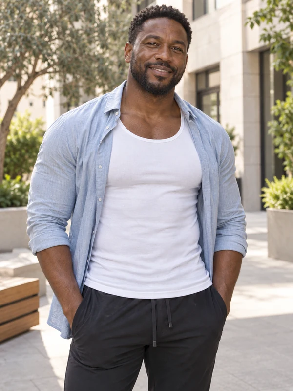 Black man with an athletic chest and arms in a white tank top and open shirt