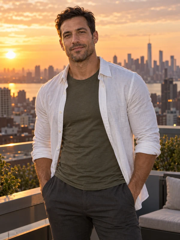 Man in an open white linen shirt with a defined chest and abs on a rooftop at sunset