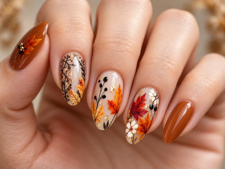 Close-up of autumn floral nail art with orange leaves and a brown accent nail