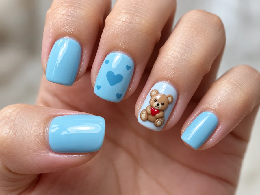 Light blue nails with a teddy bear and heart accent nail