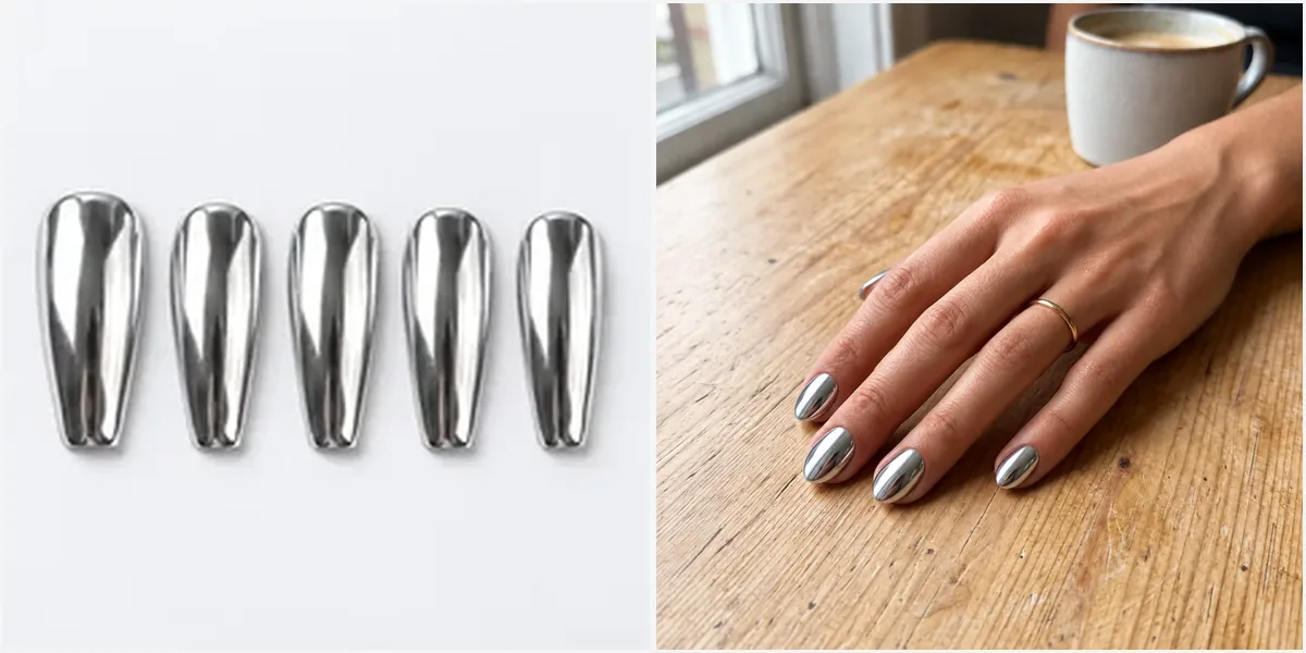 A chrome nail design reference next to the same chrome design tried on a hand
