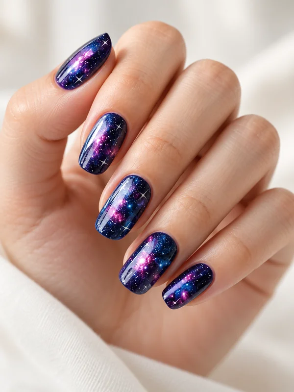Hand with dark blue galaxy nail art and stars