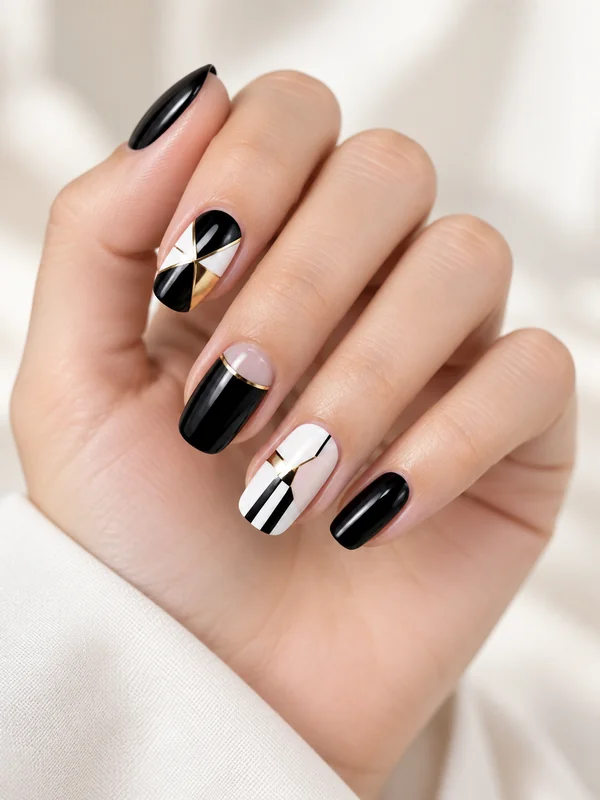 Hand with black, white, and gold geometric nail art