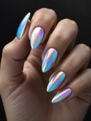 Hand with holographic chrome stiletto nails