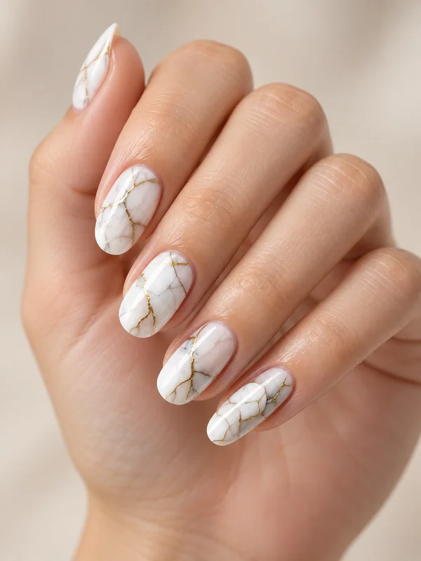 Hand with white marble nail art and gold veins