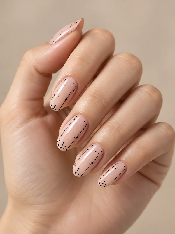 Hand with nude nails and minimalist black dot accents