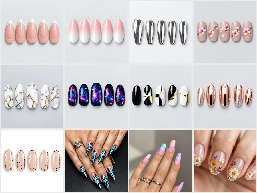 Grid of twelve nail art styles including French tips, ombre, chrome, marble, galaxy, and pressed flowers