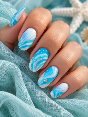 Hand with blue and white ocean swirl nail art