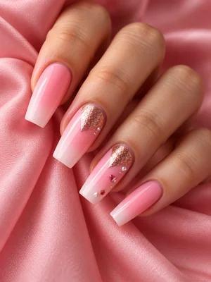 Hand with long pink coffin nails and a glitter accent nail