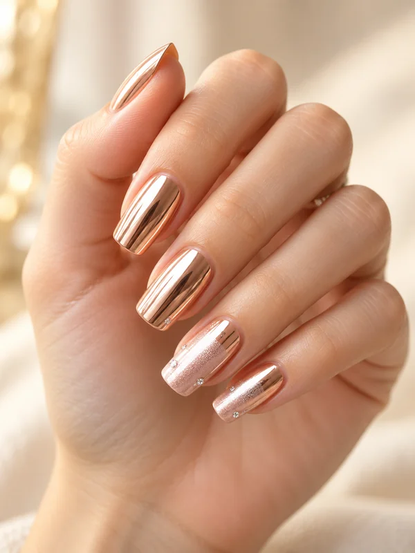 Hand with rose gold chrome nails and small rhinestones