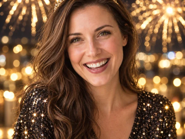 Laughing woman in a Happy New Year tiara with golden fireworks behind her