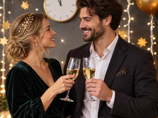 Couple toasting with champagne glasses under a clock and fairy lights