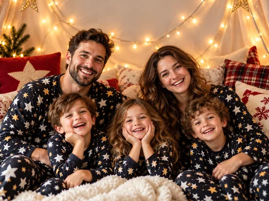 Family in matching star pajamas in a fairy-light tent under a Happy New Year sign