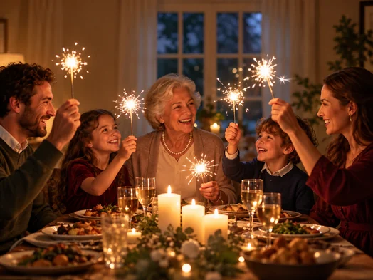Family holding sparklers and a Happy New Year sign at a candlelit dinner table