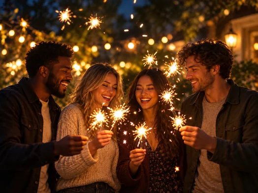 Group of friends laughing with lit sparklers outdoors at night