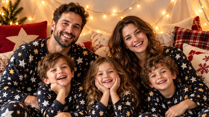 Family in matching pajamas celebrating under a Happy New Year sign with fairy lights