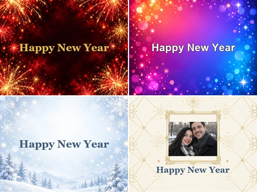 Four Happy New Year card styles: fireworks burst, modern gradient, winter wonderland, and a framed couple photo