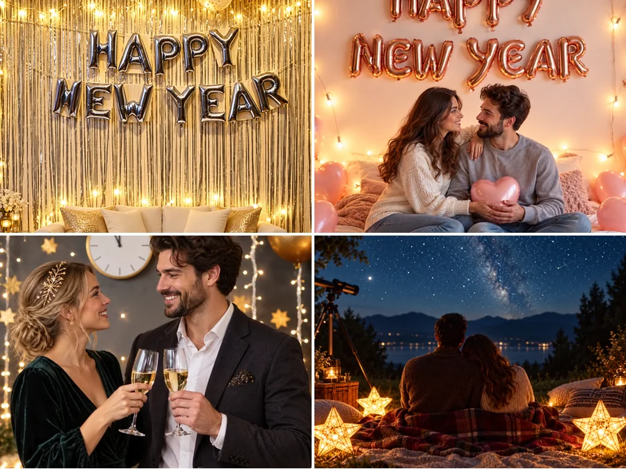 Four New Year backdrops: a balloon wall, rose gold letter balloons, a countdown clock scene, and a starry picnic