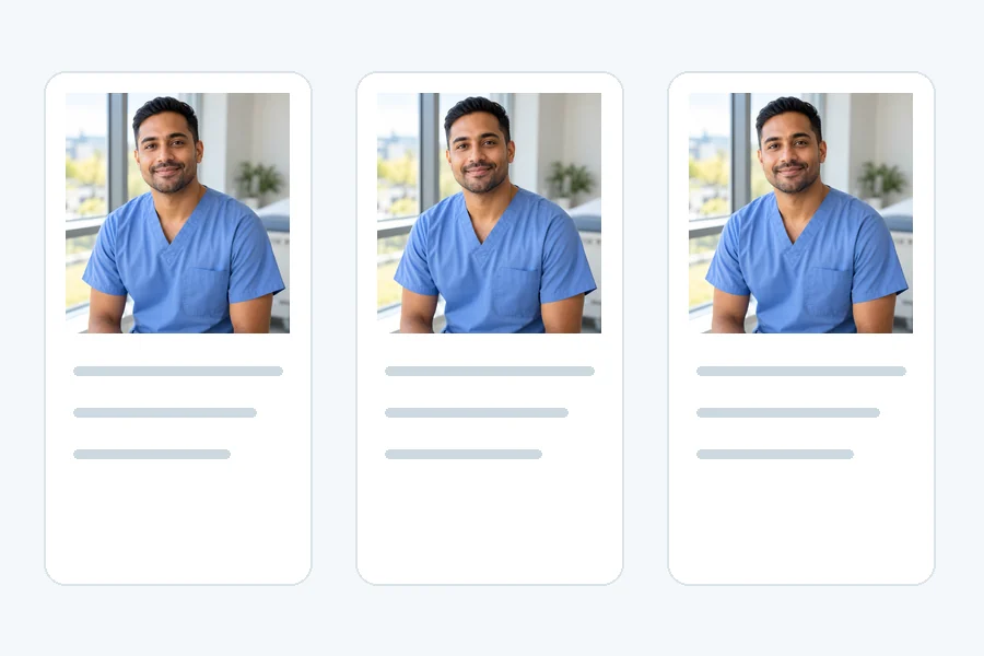 Two nurse portraits in navy scrubs: on the unit and outdoors at golden hour