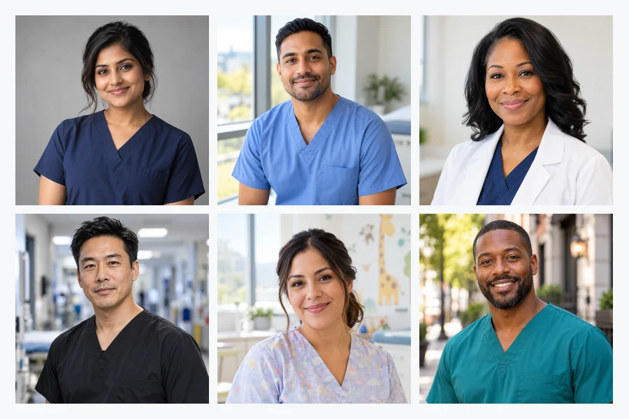 Two nursing headshots: a candid street photo and a black and white portrait