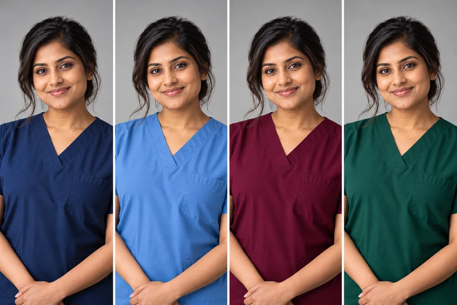 Two nurse headshots in navy scrubs, outdoors and in a studio