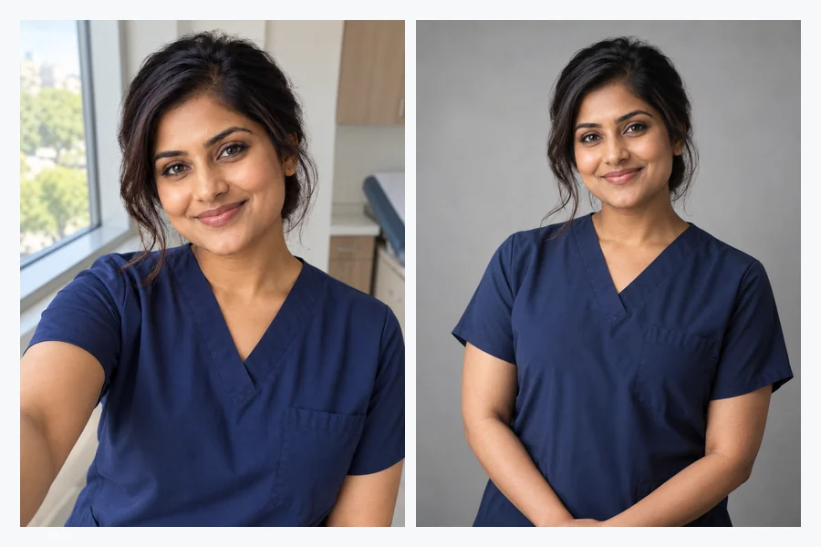 Two nurse headshots in navy scrubs: a close-up and a window-light portrait