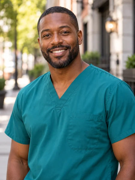 Candid photo of a nurse in navy scrubs walking down a city street with coffee