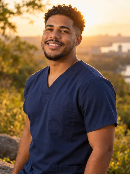 Nurse headshot of a smiling woman in navy scrubs outdoors at golden hour