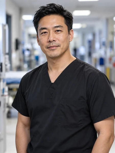 Smiling nurse in navy scrubs at a nurses station
