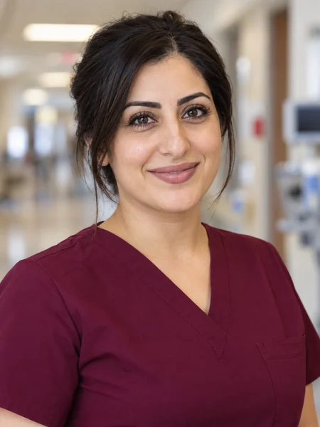 Close-up nurse headshot of a woman in navy scrubs and a headband