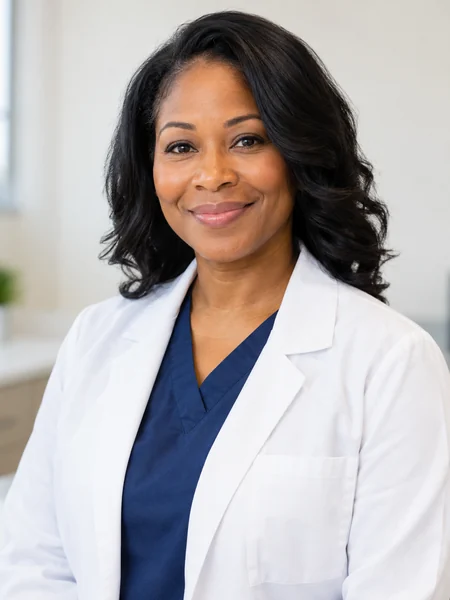 Nurse practitioner in a white coat over navy scrubs in a hospital hallway