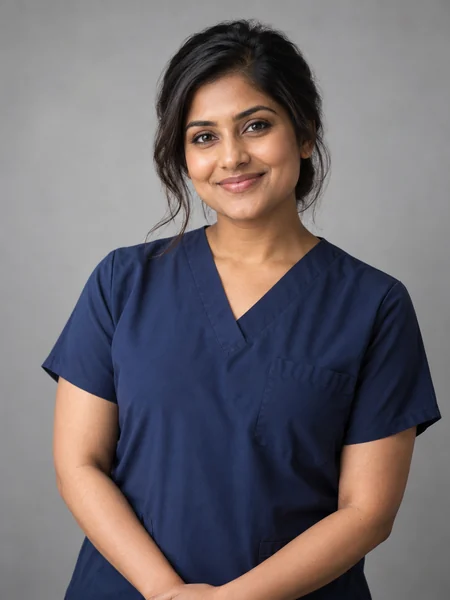 Studio nurse headshot of a woman in navy scrubs with arms crossed