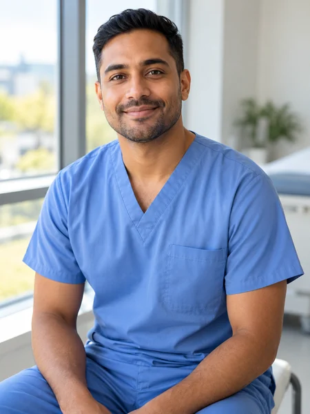 Nurse in navy scrubs seated beside a large window in soft daylight