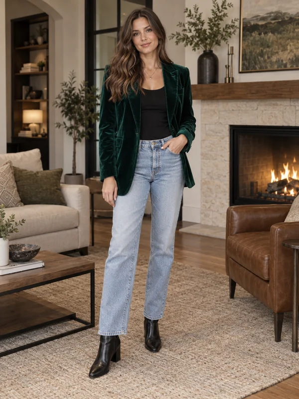 AI outfit generator result: a woman in an emerald velvet blazer, black top and light straight jeans by a fireplace