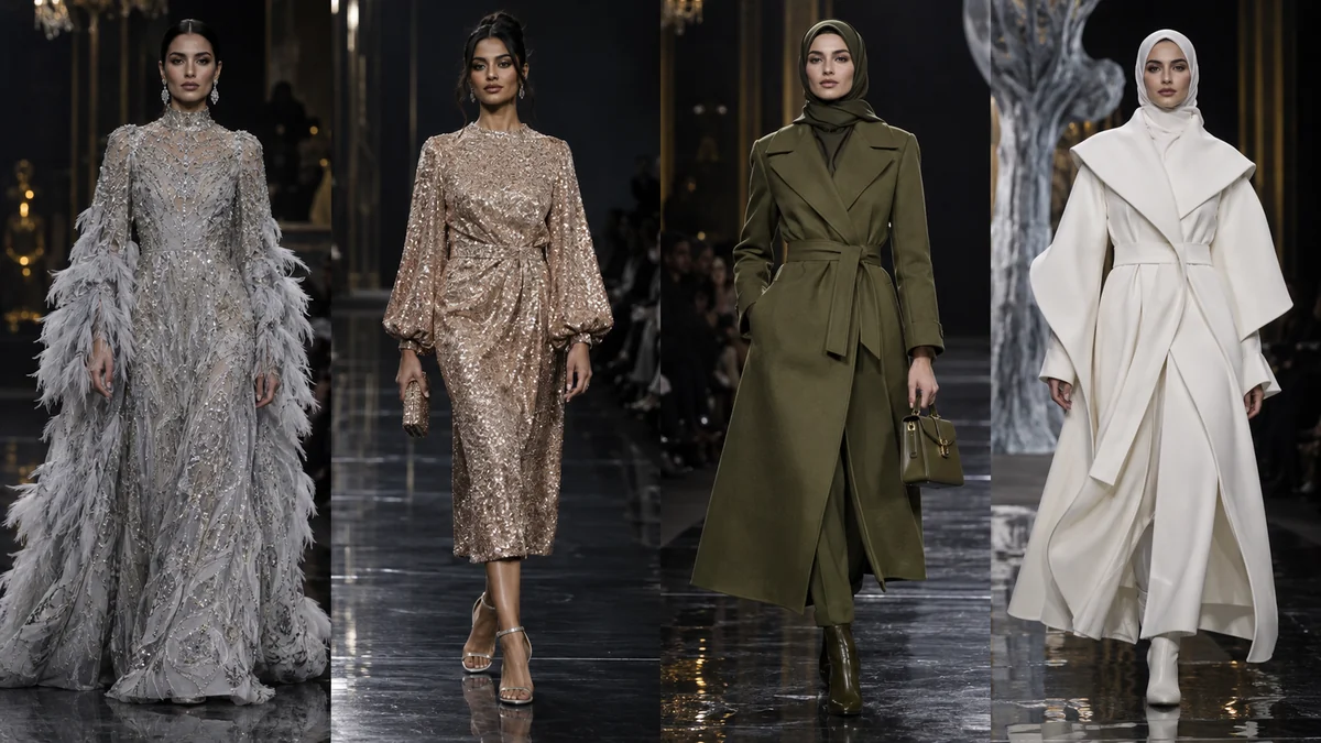 AI clothing design ideas: runway looks with feathered gowns, a sequin dress and tailored coats