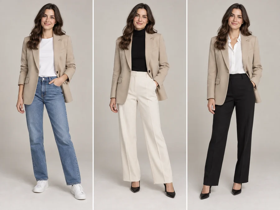 One beige blazer styled into three complete outfits with jeans, a white tee and a brown bag