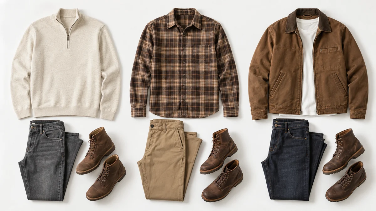 Outfit builder flat lay: three men’s outfits laid out with sweaters, shirts, jackets, trousers and boots